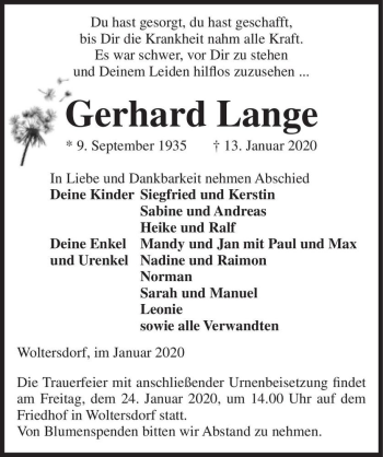Traueranzeige von Gerhard Lange  von Magdeburger Volksstimme