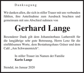 Traueranzeige von Gerhard Lange  von Magdeburger Volksstimme