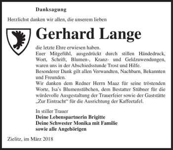 Traueranzeige von Gerhard Lange  von Magdeburger Volksstimme