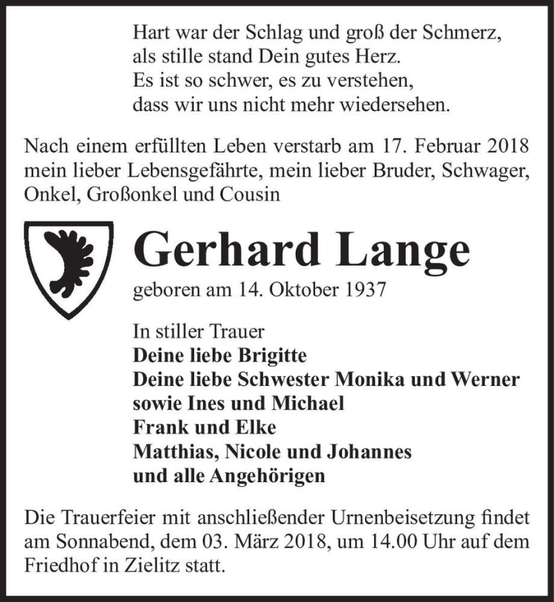  Traueranzeige für Gerhard Lange  vom 24.02.2018 aus Magdeburger Volksstimme