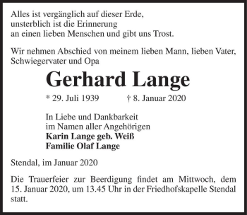 Traueranzeige von Gerhard Lange  von Magdeburger Volksstimme