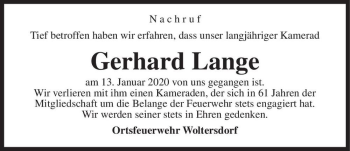 Traueranzeige von Gerhard Lange  von Magdeburger Volksstimme