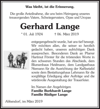 Traueranzeige von Gerhard Lange  von Magdeburger Volksstimme