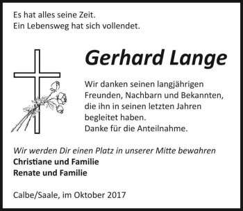 Traueranzeige von Gerhard Lange  von Magdeburger Volksstimme