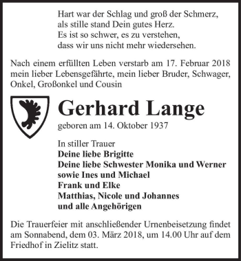 Traueranzeige von Gerhard Lange  von Magdeburger Volksstimme