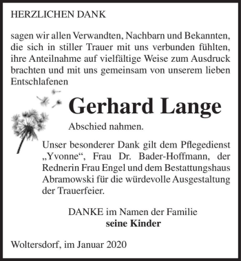 Traueranzeige von Gerhard Lange  von Magdeburger Volksstimme