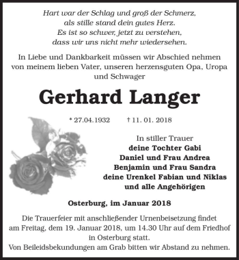 Traueranzeige von Gerhard Langer  von Magdeburger Volksstimme