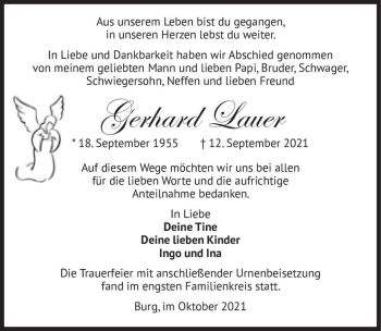 Traueranzeige von Gerhard Lauer  von Magdeburger Volksstimme