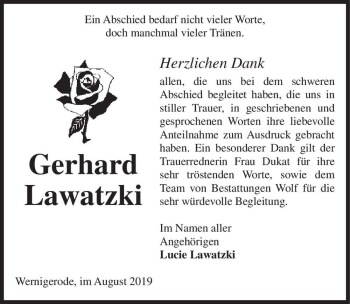 Traueranzeige von Gerhard Lawatzki  von Magdeburger Volksstimme
