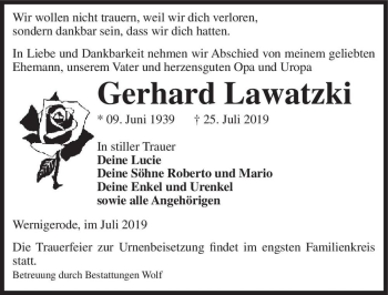 Traueranzeige von Gerhard Lawatzki  von Magdeburger Volksstimme