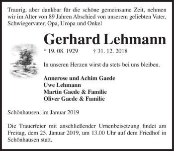 Traueranzeige von Gerhard Lehmann  von Magdeburger Volksstimme