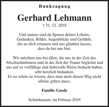 Traueranzeige von Gerhard Lehmann  von Magdeburger Volksstimme
