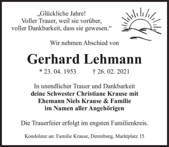 Traueranzeige von Gerhard Lehmann  von Magdeburger Volksstimme
