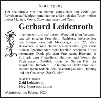 Traueranzeige von Gerhard Leidenroth  von Magdeburger Volksstimme