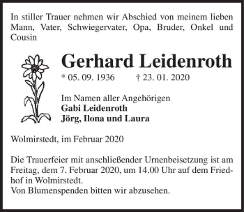 Traueranzeige von Gerhard Leidenroth  von Magdeburger Volksstimme