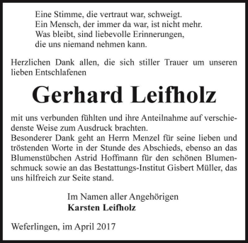 Traueranzeige von Gerhard Leifholz  von Magdeburger Volksstimme