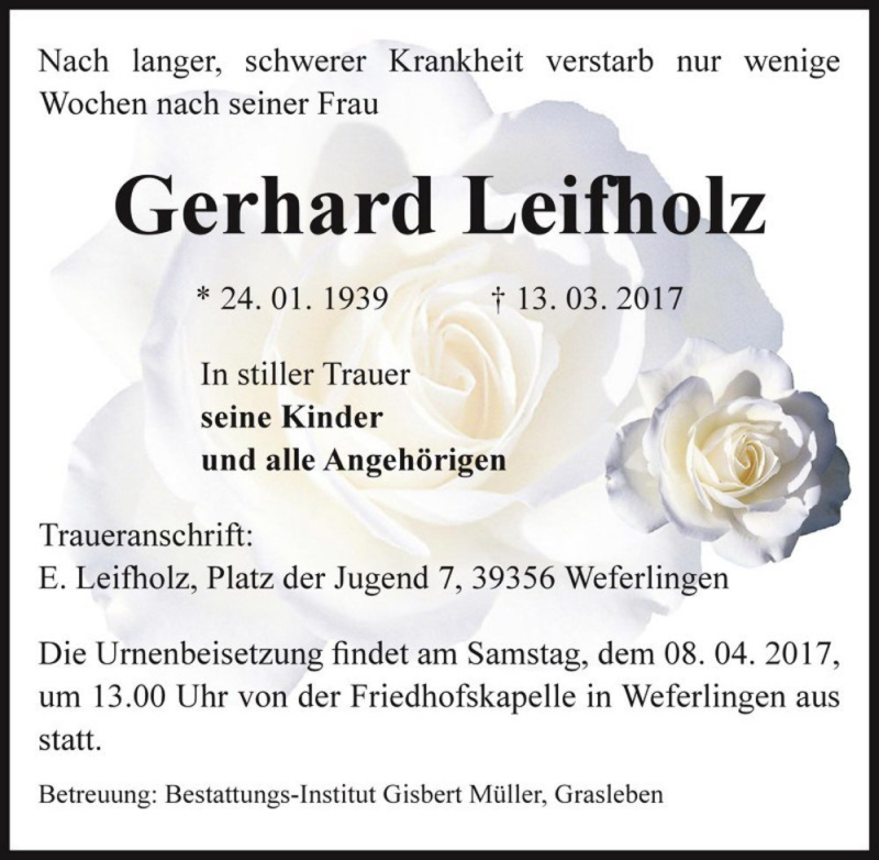  Traueranzeige für Gerhard Leifholz  vom 17.03.2017 aus Magdeburger Volksstimme