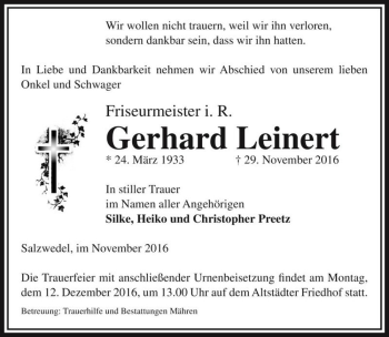 Traueranzeige von Gerhard Leinert  von Magdeburger Volksstimme
