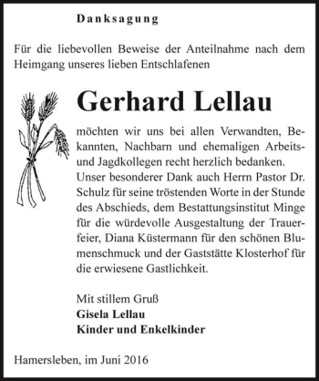 Traueranzeige von Gerhard Lellau  von Magdeburger Volksstimme