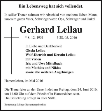Traueranzeige von Gerhard Lellau  von Magdeburger Volksstimme