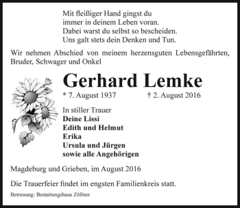 Traueranzeige von Gerhard Lemke  von Magdeburger Volksstimme