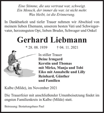 Traueranzeige von Gerhard Liebmann  von Magdeburger Volksstimme