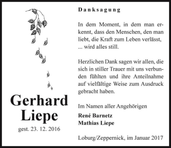 Traueranzeige von Gerhard Liepe  von Magdeburger Volksstimme