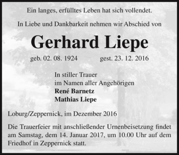 Traueranzeige von Gerhard Liepe  von Magdeburger Volksstimme