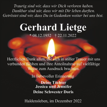 Traueranzeige von Gerhard Lietge  von Magdeburger Volksstimme