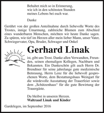 Traueranzeige von Gerhard Linak  von Magdeburger Volksstimme