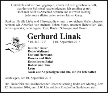 Traueranzeige von Gerhard Linak  von Magdeburger Volksstimme