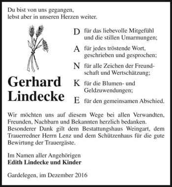 Traueranzeige von Gerhard Lindecke  von Magdeburger Volksstimme