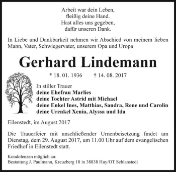 Traueranzeige von Gerhard Lindemann  von Magdeburger Volksstimme