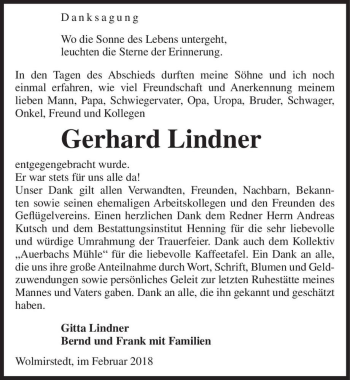 Traueranzeige von Gerhard Lindner  von Magdeburger Volksstimme