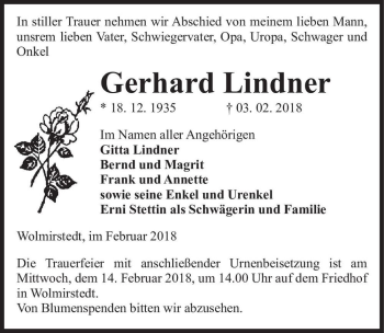 Traueranzeige von Gerhard Lindner  von Magdeburger Volksstimme