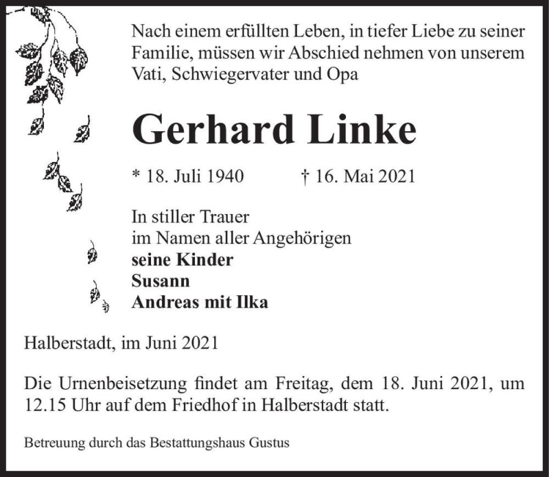  Traueranzeige für Gerhard Linke  vom 12.06.2021 aus Magdeburger Volksstimme