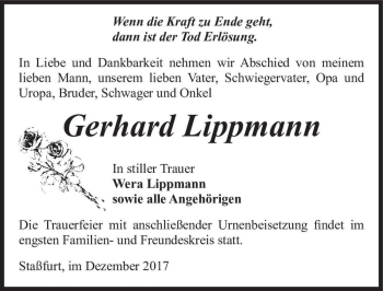 Traueranzeige von Gerhard Lippmann  von Magdeburger Volksstimme