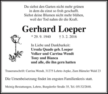 Traueranzeige von Gerhard Loeper  von Magdeburger Volksstimme
