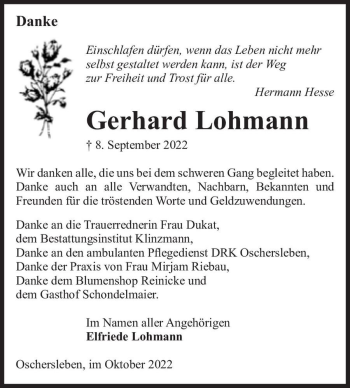 Traueranzeige von Gerhard Lohmann  von Magdeburger Volksstimme