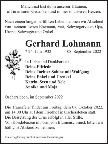 Traueranzeige von Gerhard Lohmann  von Magdeburger Volksstimme