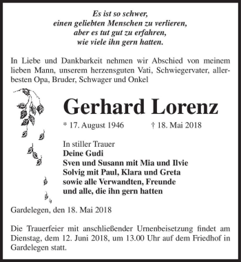 Traueranzeige von Gerhard Lorenz  von Magdeburger Volksstimme
