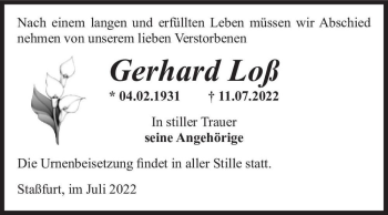 Traueranzeige von Gerhard Loß  von Magdeburger Volksstimme