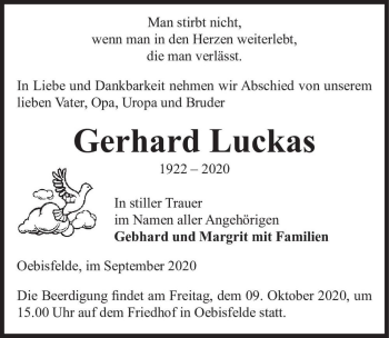 Traueranzeige von Gerhard Luckas  von Magdeburger Volksstimme