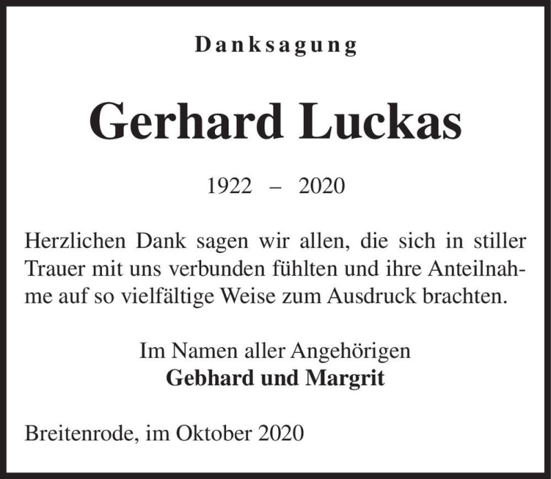  Traueranzeige für Gerhard Luckas  vom 17.10.2020 aus Magdeburger Volksstimme