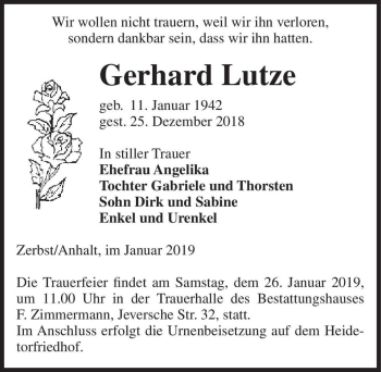 Traueranzeige von Gerhard Lutze  von Magdeburger Volksstimme