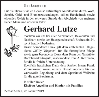 Traueranzeige von Gerhard Lutze  von Magdeburger Volksstimme