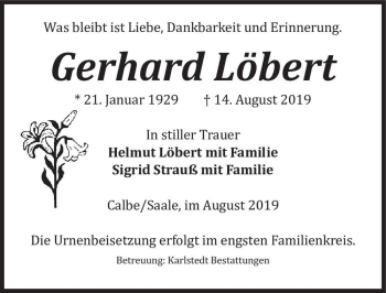 Traueranzeige von Gerhard Löbert  von Magdeburger Volksstimme