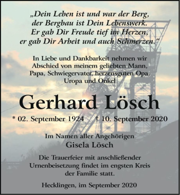 Traueranzeige von Gerhard Lösch  von Magdeburger Volksstimme