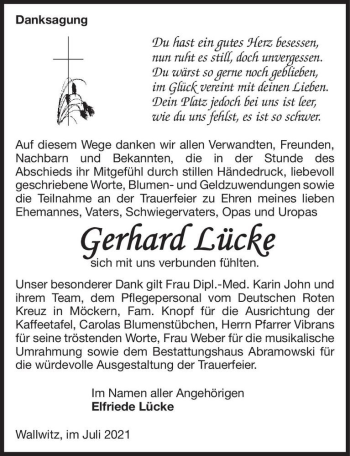 Traueranzeige von Gerhard Lücke  von Magdeburger Volksstimme