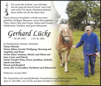 Traueranzeige von Gerhard Lücke  von Magdeburger Volksstimme